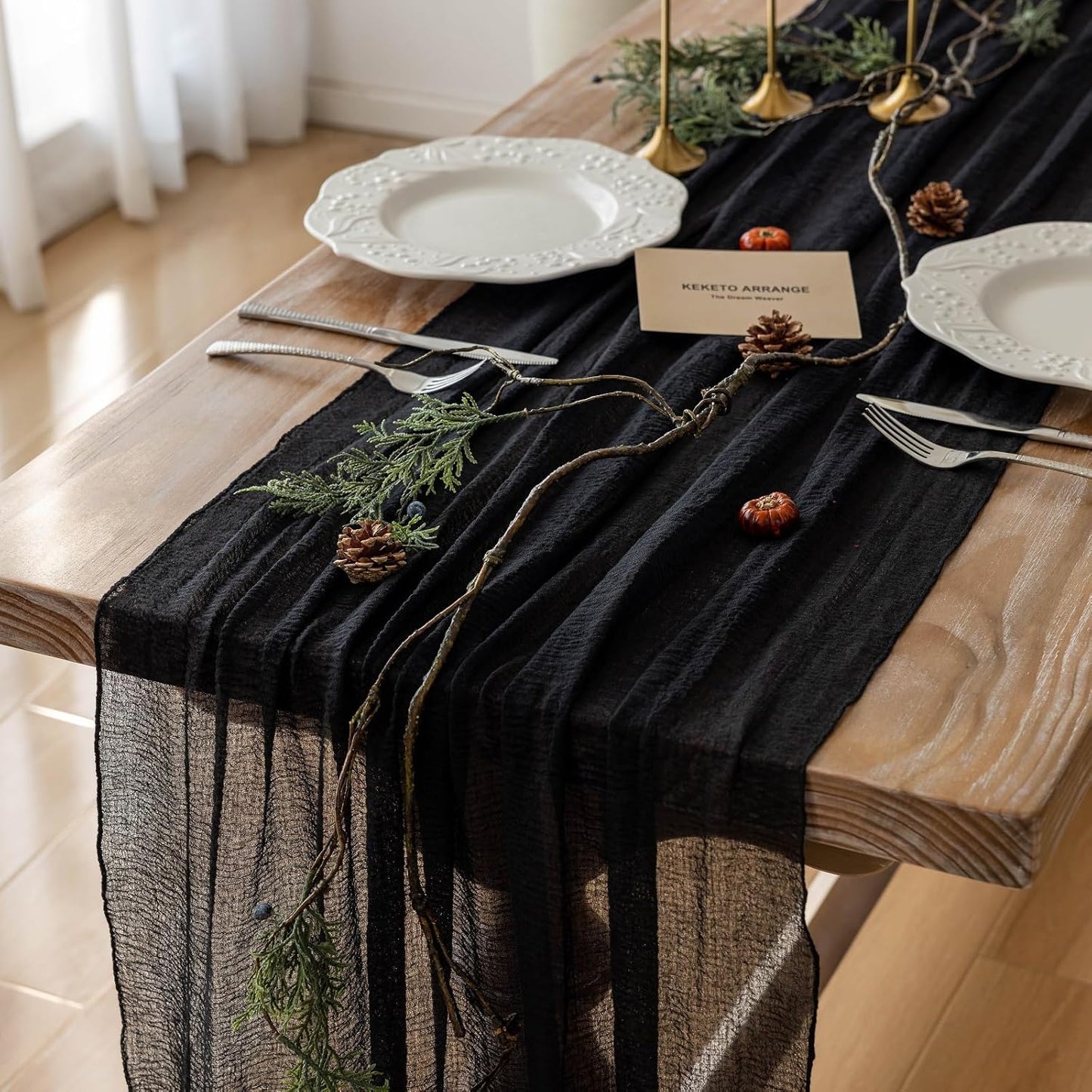 3pcs Halloween Table Runner Black Cheesecloth Gauze Rustic Premium Cotton Cheese Cloth Table Runner 120 Inch 10 FT for Wedding Bridal Baby Shower Long Sheer Boho Decorations