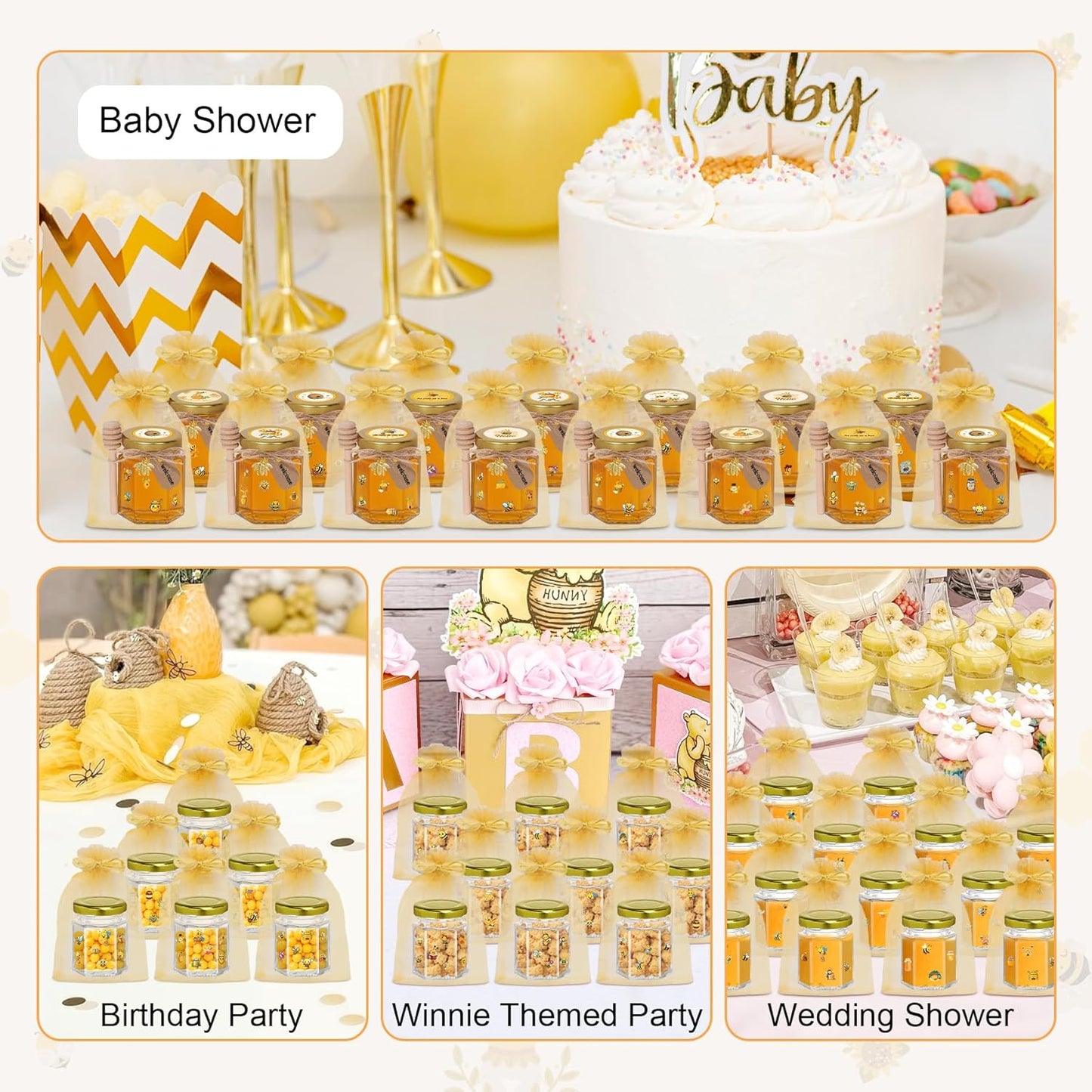 70 Pack 3 oz Mini Hexagon Glass Honey Jars with Dippers, Gold Lids, Bee Stickers, Bee Charms, Gift Bags & Jute– Empty Small Honey Jars for Party Favors Bulk, Ideal for Baby Showers ＆ Weddings