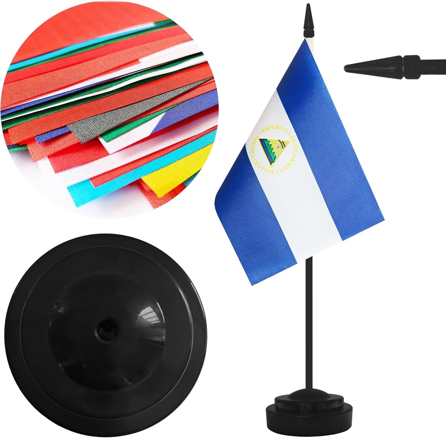 2 Pack Nicaragua Desk Flag Set, Nicaraguan Desktop Small Miniature Table Office Flag with 12" Black Pole and Black Base, Offices, Classroom, Home, Festival Decoration (Nicaragua)