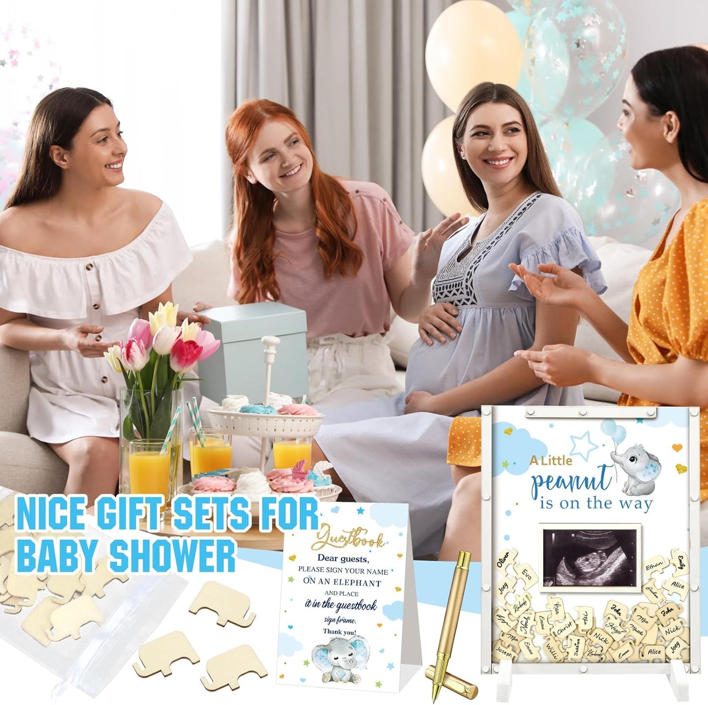 65 Pcs Elephant Theme Baby Shower Guest Book Alternatives Blue He or She Gender Reveal Baby Shower Decorations Sign in Guest Book with Picture Frame and 60 Wooden Chip