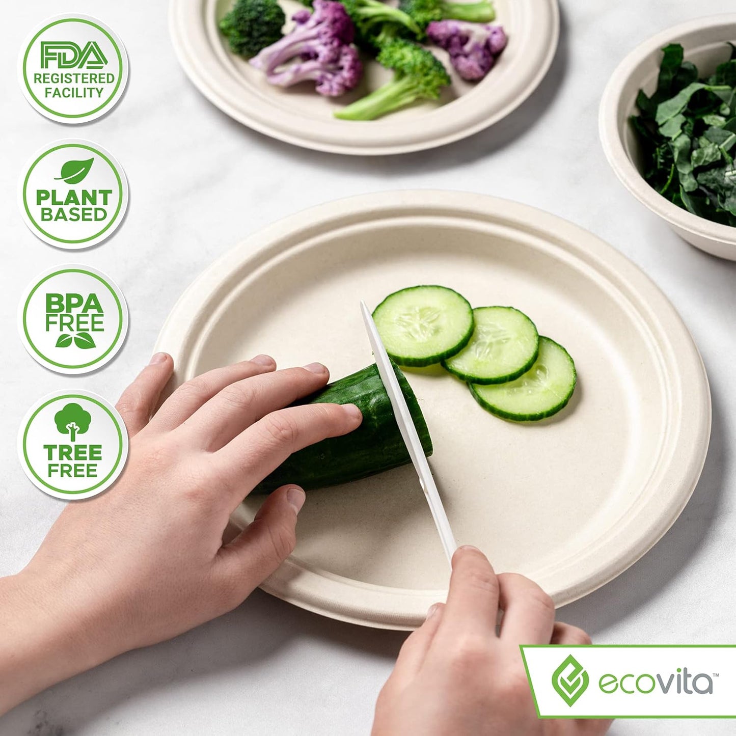 Ecovita 100% Compostable Knives - 500 Large Disposable Utensils (7 in.) Bulk Size Eco Friendly Durable and Heat Resistant Alternative to Plastic Knives with Convenient Tray