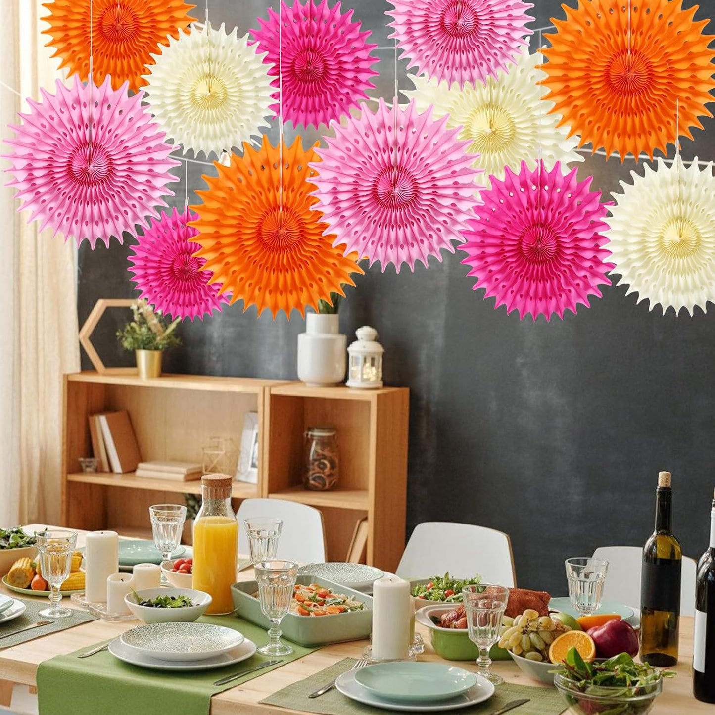 BestoFun 12PCS Paper Fans Hot Pink and Orange Party Decorations Tissue Paper Flowers Decorations for Girl Groovy Birthday Baby Shower Wedding Bachelorette Room Wall Hanging Décor
