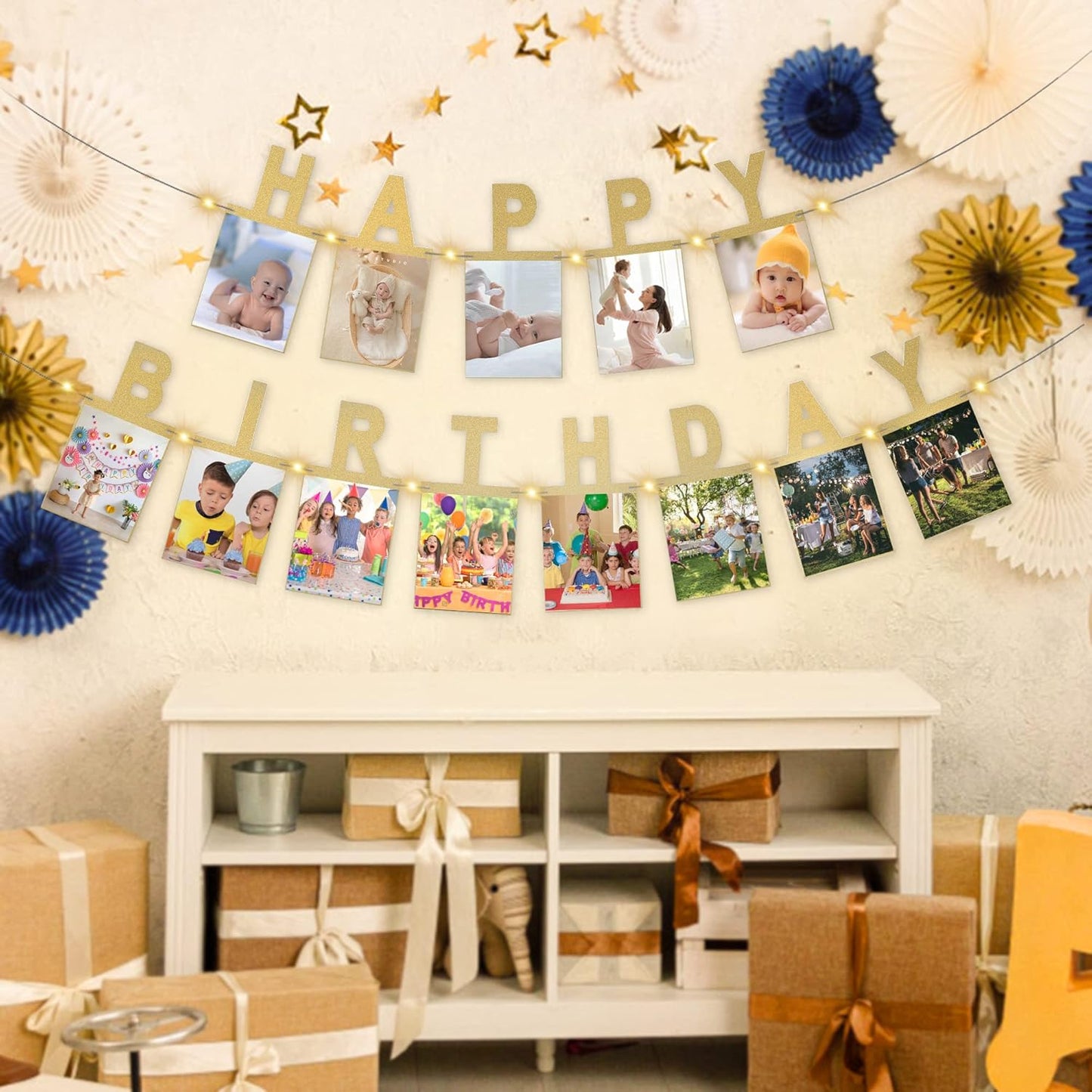 Birthday Photo Banner with 2 Strings of Fairy Lights for Children and Adult Birthday Party Decorations, Annual Milestone Happy Birthday Banner (Gold)