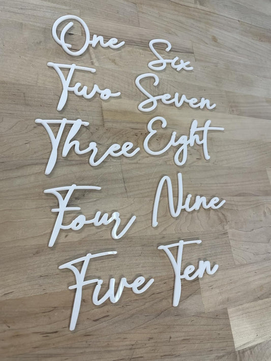 Cursive Wedding Table Number SET, DIY thin modern Black or White acrylic cutouts with silicone glue included. Words only, no backing (One - Ten, Gloss White)