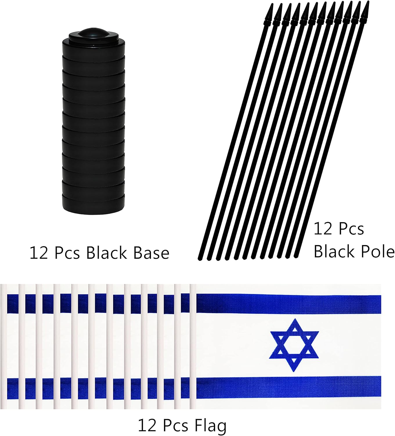 12 Pack Israel Desk Flags Set, Israeli Small Mini Table Office Flags with 12" Solid Black Pole, 8.2 x 5.5 Inches, Home and Office Decoration, Festival Celebrations
