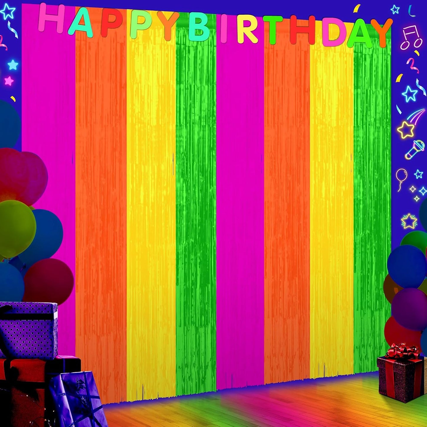 4Pack 3.3Ft x 6.6Ft Multi-Color Glow in the Dark Foil Fringe Curtain Backdrop Party Supplies, Fluorescent Macaron Metallic Tinsel Foil Streamers Curtain Photo Booth for Neon Birthday Party Decorations