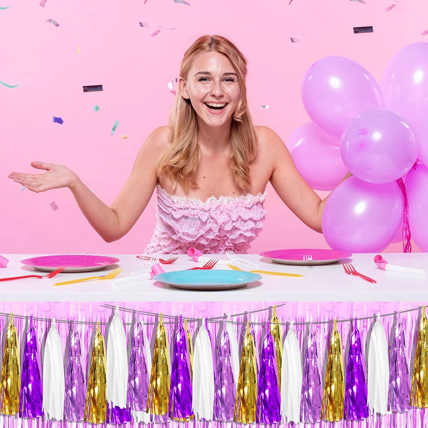 4P Purple-Gold Foil Fringe Metallic Tassel Garland, Tassels Banner Streamers for Parade Floats, Bachelorette, Wedding, Birthday, Halloween, Christmas, Bridal/Baby Shower Party Decorations