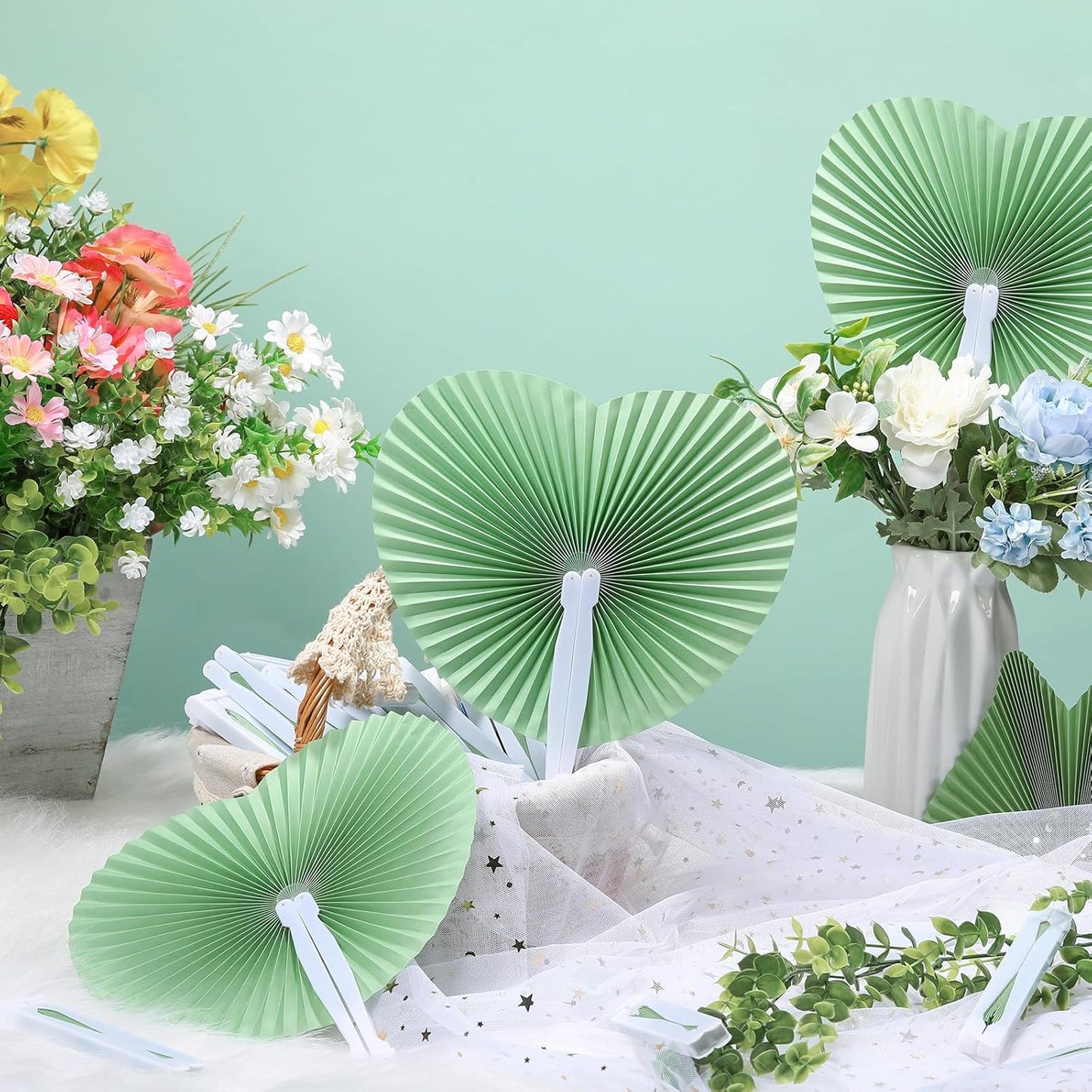Unittype 150 Packs Wedding Paper Fans Heart Shaped Folding Handheld Fans for Wedding Decorate Guests Favor Anniversary Birthday Party Supplies Home Decor(Sage Green)