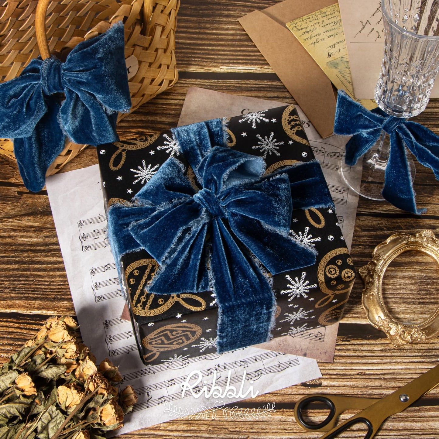 Ribbli Ocean Blue Velvet Ribbon 1.5 Inch Handmade Frayed Vintage Christmas Ribbon for Gift Wrapping Christmas Tree Ornament Wreath Craft Home Decor -Total 3 Yards with Wooden Spool