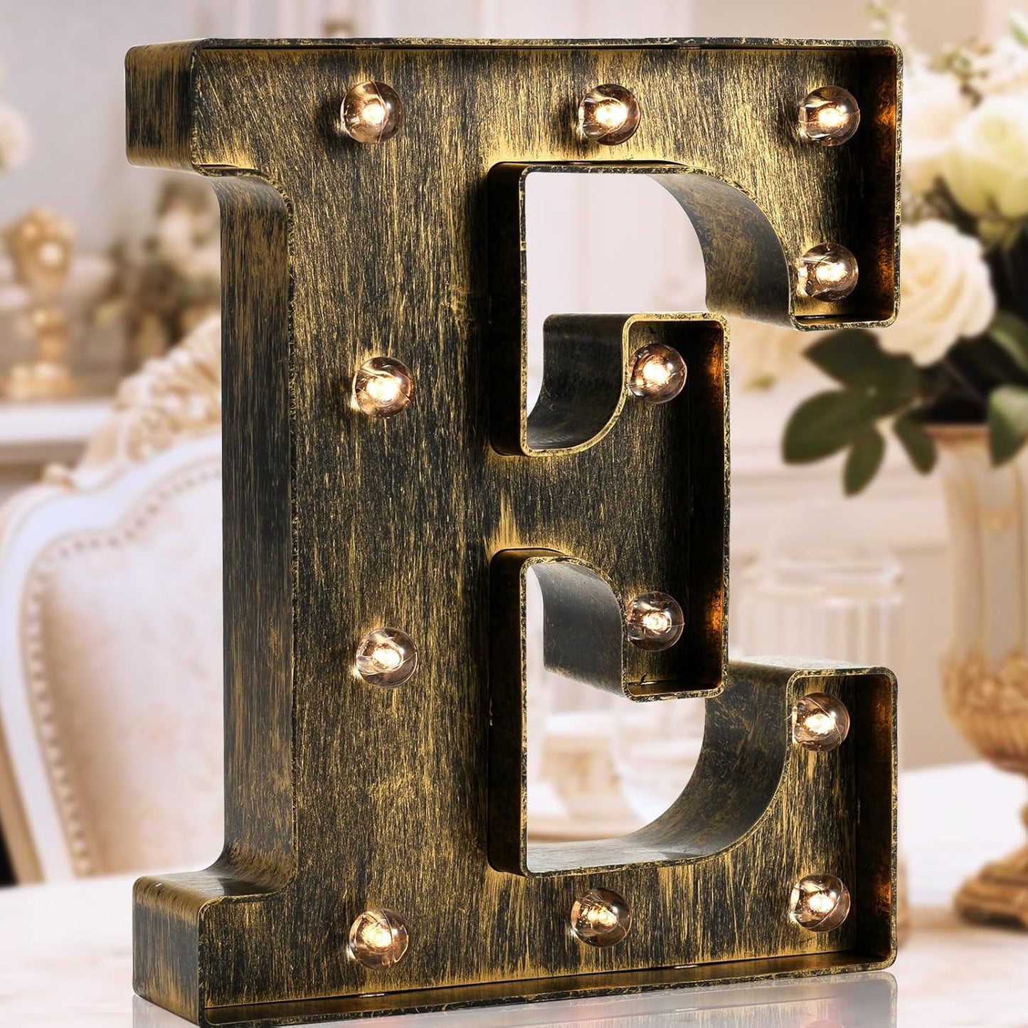 OYCBUZO Golden Black Led Marquee Letter - Industrial, Vintage Style Light Up Alphabet Letter Sign for Cafe Wedding Birthday Party Christmas Lamp Home Bar Initials Decor - E