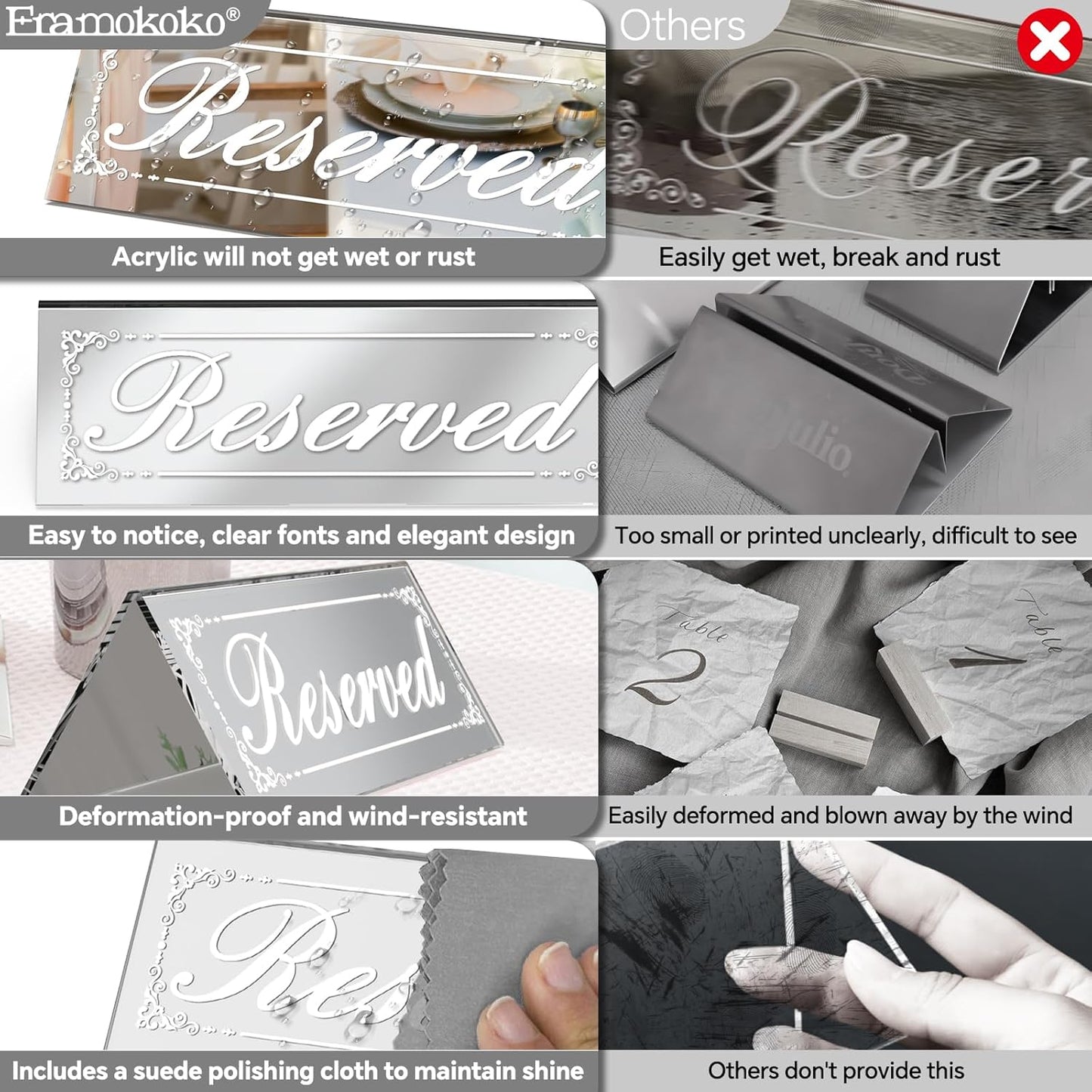 12 Pcs 6" x 2" Silver Reserved Table Signs, Mirrored Double Sided Table Tent Signs with Suede Cloth, Reservation Seat Indicators for Wedding Restaurant Party