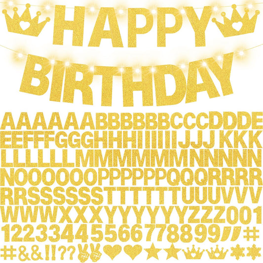 167Pcs DIY Glitter Customizable Banner Kit Custom Banner Happy Birthday Personalized Letter Banners Decor for Christmas Baby Shower Birthday Party Decorations Supplies(Glitter Gold）