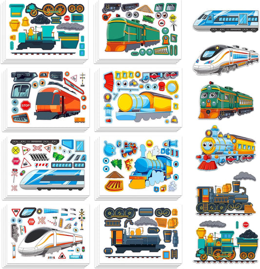 Aowplc Train Stickers for Kids – 32 Sheets Make-a-Train Mix & Match Kit – Fun Party Favors & Activities