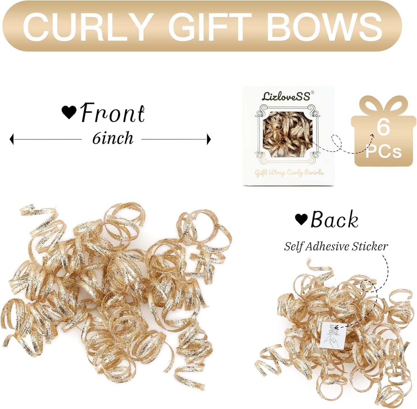 6" Metallic Champagne Christmas Curly Ribbon Bows for Gift Wrapping Self Adhesive Gift Bows for Holiday Decor, Baskets, Birthday, Wedding, Presents, Party Favors Decorations 6-Count