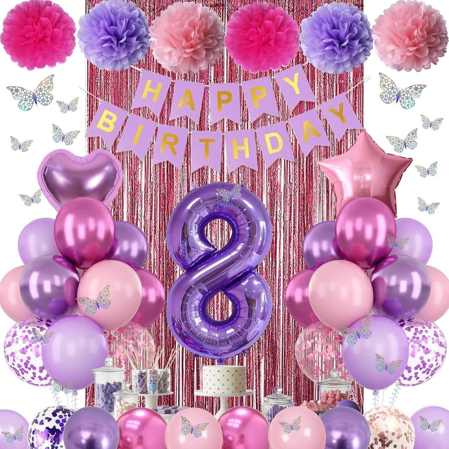 Pink Purple 8th Birthday Party Decorations for Girls Number 8 Balloon Happy Birthday Banner Butterfly Stickers Fringe Curtain Paper Pom Poms Metallic Hot Pink Star Foil Balloons 8 Year Old Princess