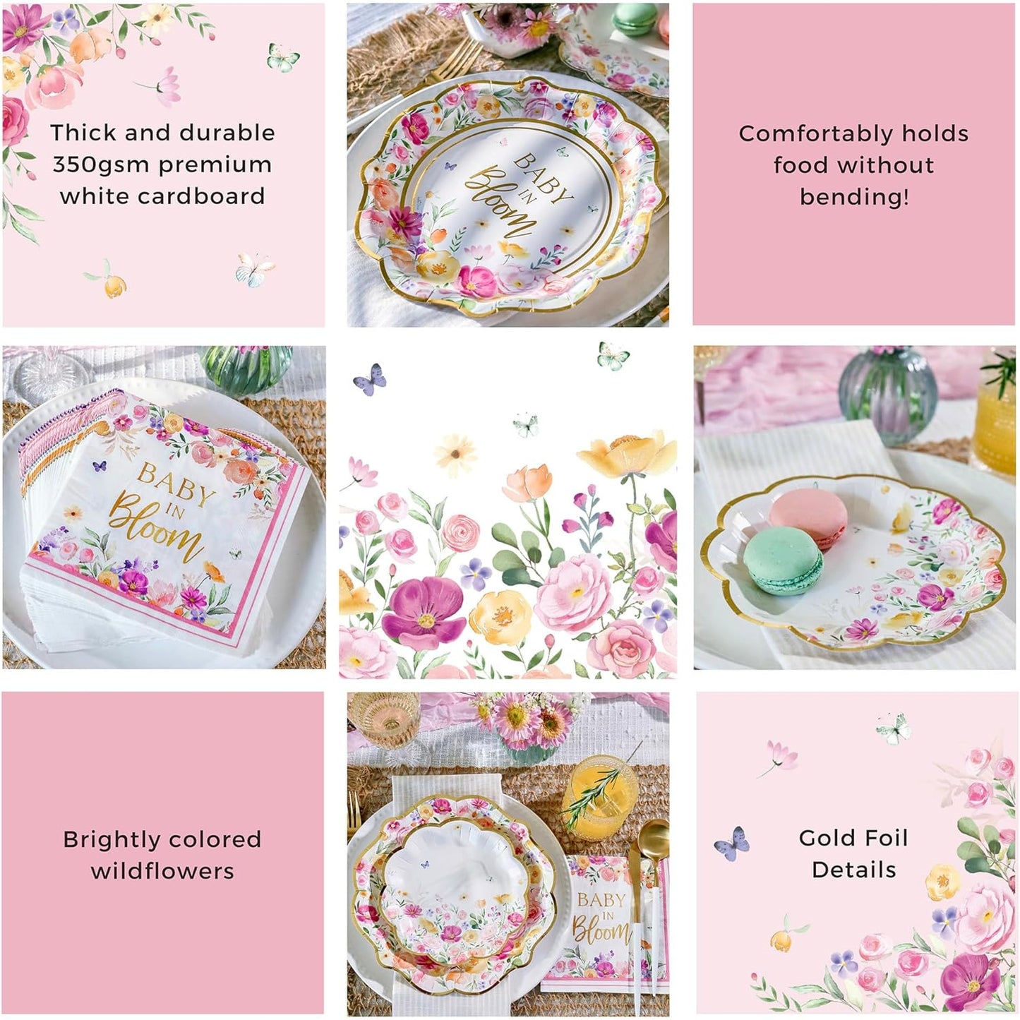 Kate Aspen Baby in Bloom 62 Piece Party Tableware Set Baby Shower Party Decorations Plates & Napkins, Vibrant Floral Botanical (16 Guests)- Perfect for Greenery Baby Shower