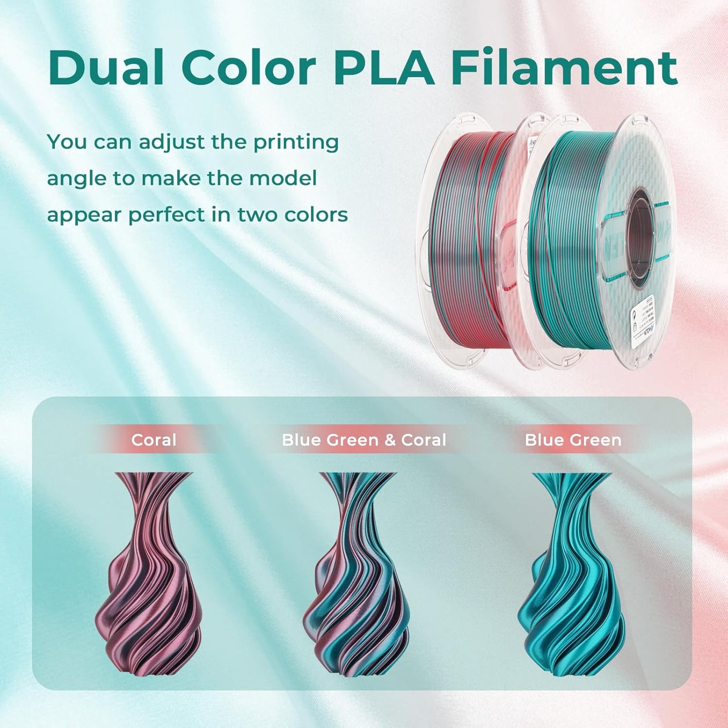 AMOLEN Silk PLA 3D Printer Filament, Dual Color Blue Green & Silk Coral PLA 1.75mm, Shiny Color Change Filament 3D Printing PLA Filament for Most FDM 3D Printer, 1kg Spool(2.2lbs)