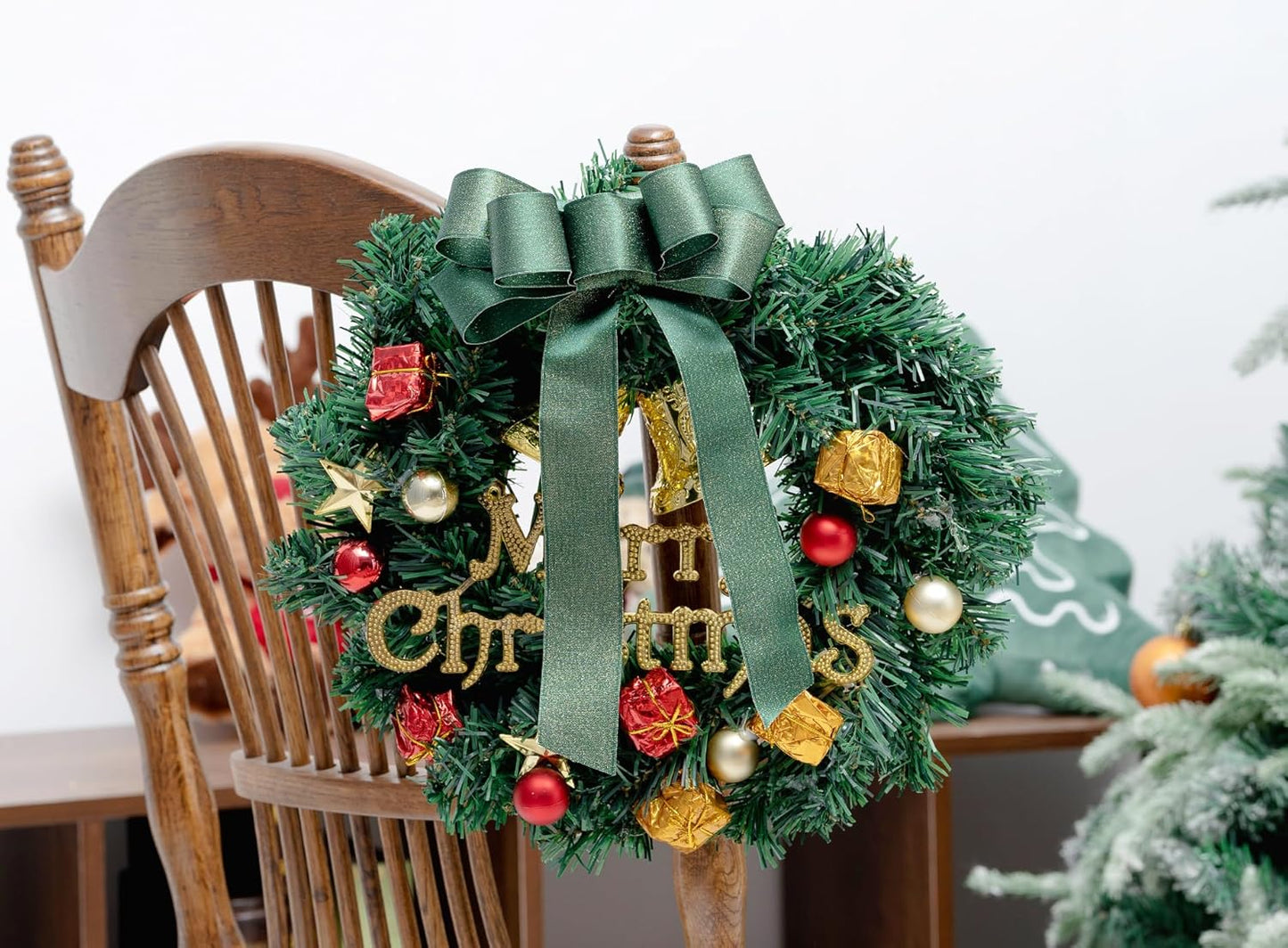 Christmas Ribbon Wired Green Satin Ribbons 1-1/2 Inch Double-Faced Gold Glitter for Tree Decoration, Wreath, Gift Wrapping, Home Decor 10 Yards