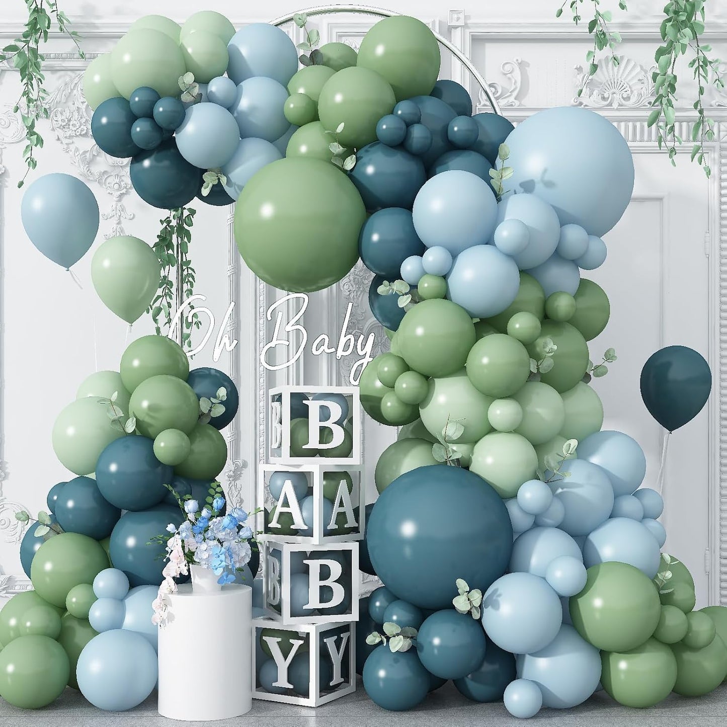 Blue and Green Balloon Arch Kit 107Pcs Dusty Blue Sage Green Balloons Garland Retro Slate Haze Fog Pale Gray Birthday Party Balloons for Boys Rustic Navy Woodland Jungle Baby Shower Decorations