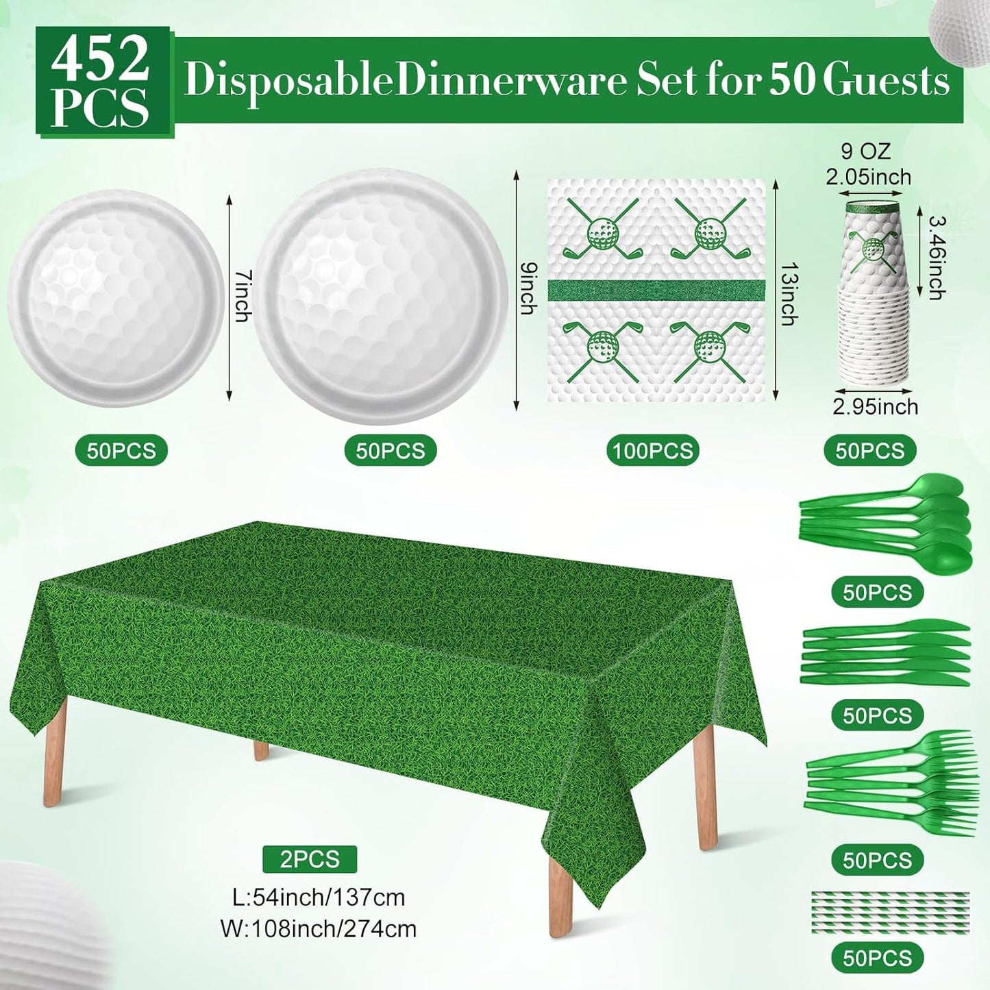 452 Pcs Golf Party Supplies for 50 Guests, Golf Paper Plates Napkins Cups Green Grass Field Tablecloth Cutlery Straws Disposable Tableware Set for Sports Theme Birthday Party Decorations