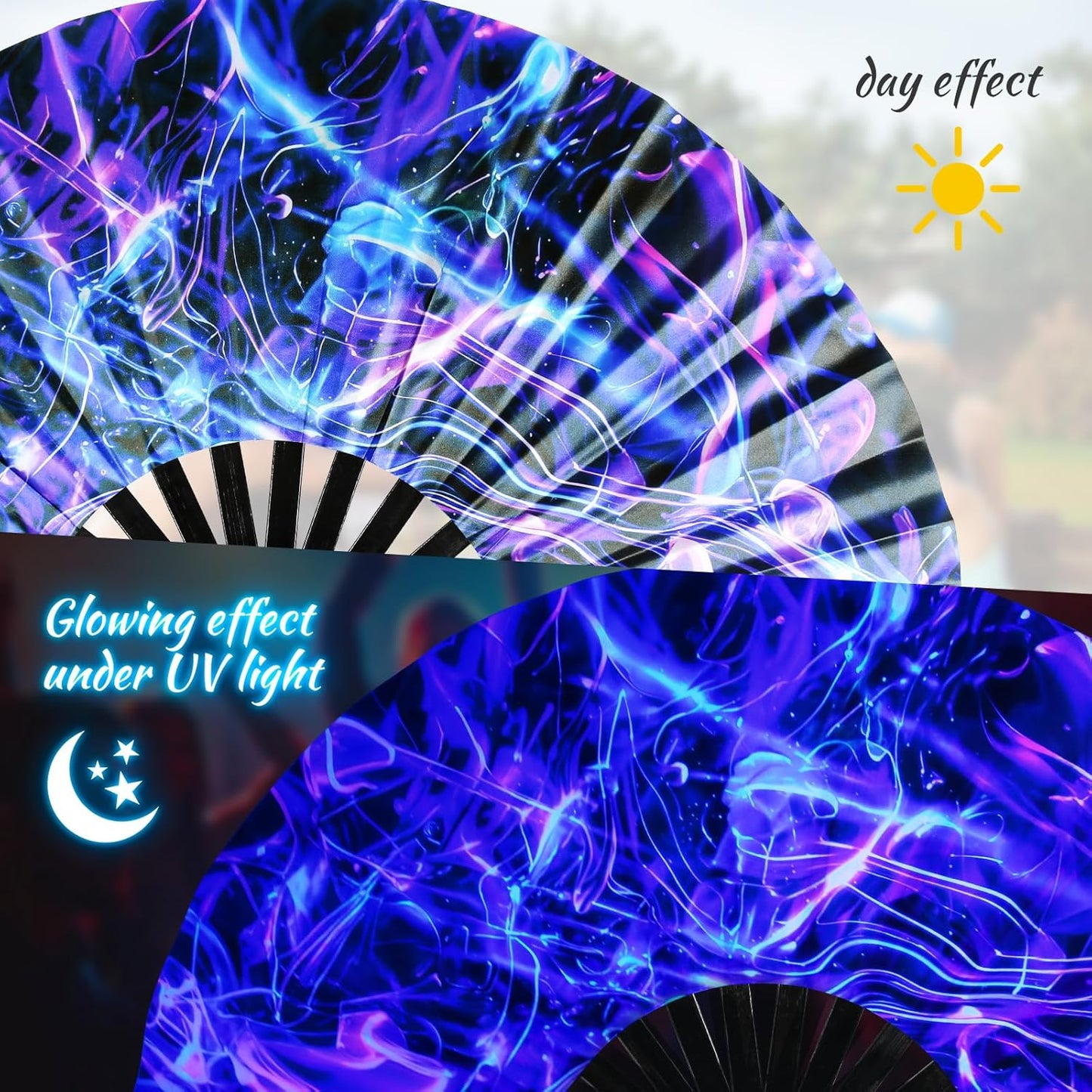 SYNTECSO Folding Hand Fan for Rave, Popping Fan for Line Dancing, Drag Queen, Women and Men Gift，Chinese Japanese UV Glow Clack Fan for Parties, Music Festivals, EDM and Decoration