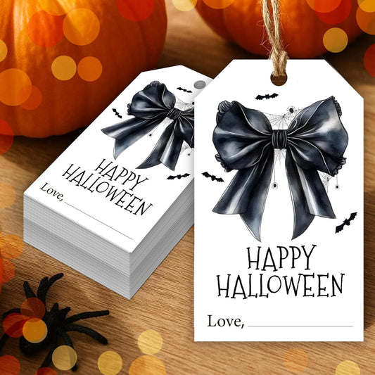 50 Pcs Halloween Tags with String, 2.1"×3.5" Bowknot Paper Gifts Tags, Bat Trick or Treat for Candy, Spider Happy Halloween Gifts Tag Wrap for Party Favor - B06