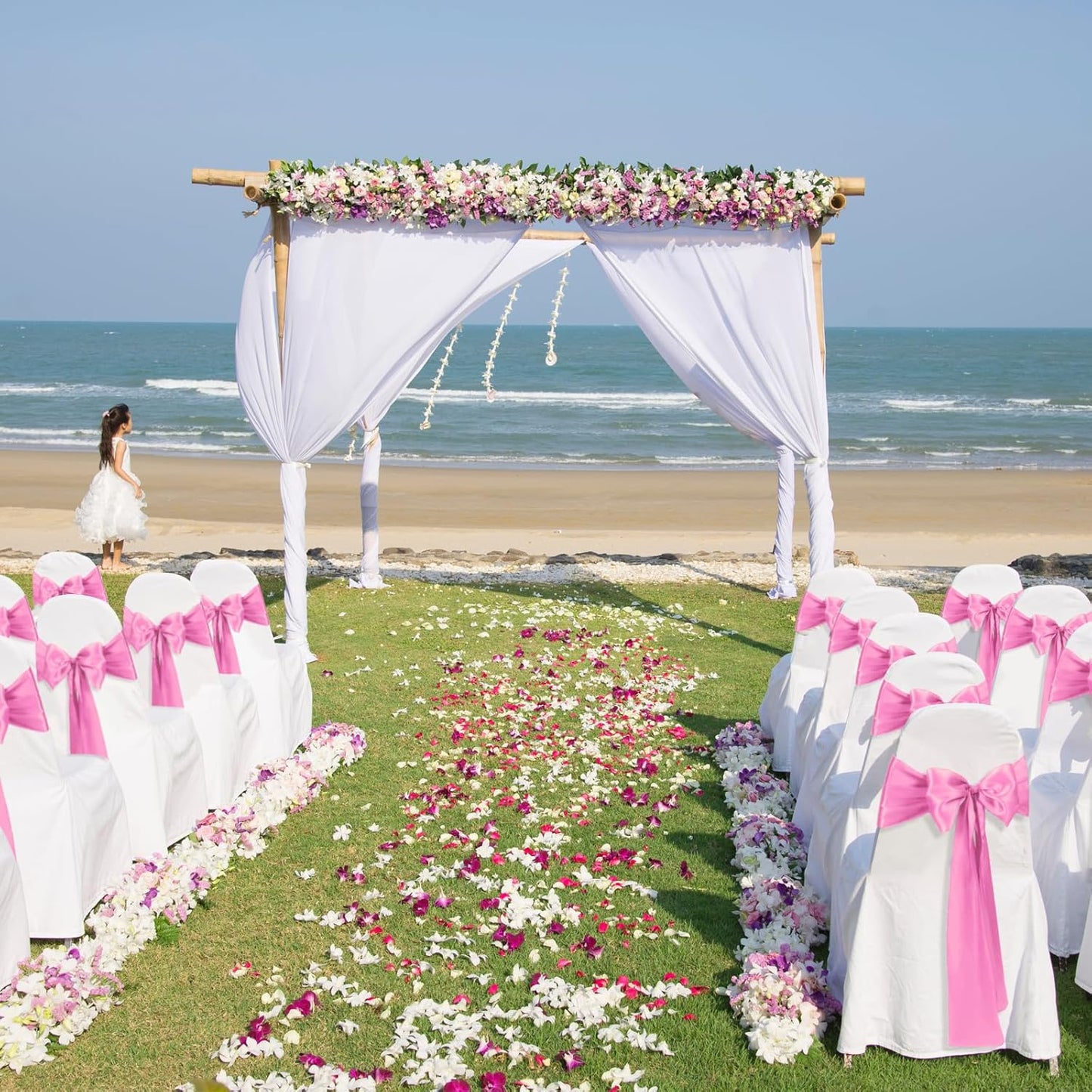 50 PCS Pink Satin Chair Sashes Bows Universal Chair Ribbon Ties Back Sash for Wedding Party Reception Events Banquets Hotel Event Chair Cover Decoration (7x108 inch)