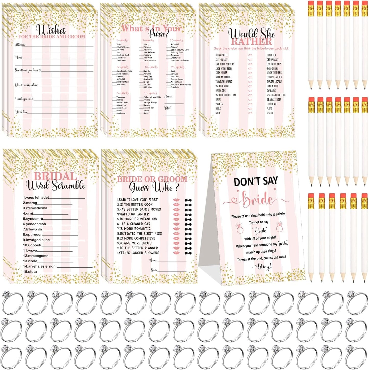 Estune 331 Pcs Bridal Shower Games Supplies, 5 Sets 250 Pcs Wedding Cards 1 Put a Ring on It Bridal Shower Games with 60 Rings and 20 Pencils(Confetti Style)