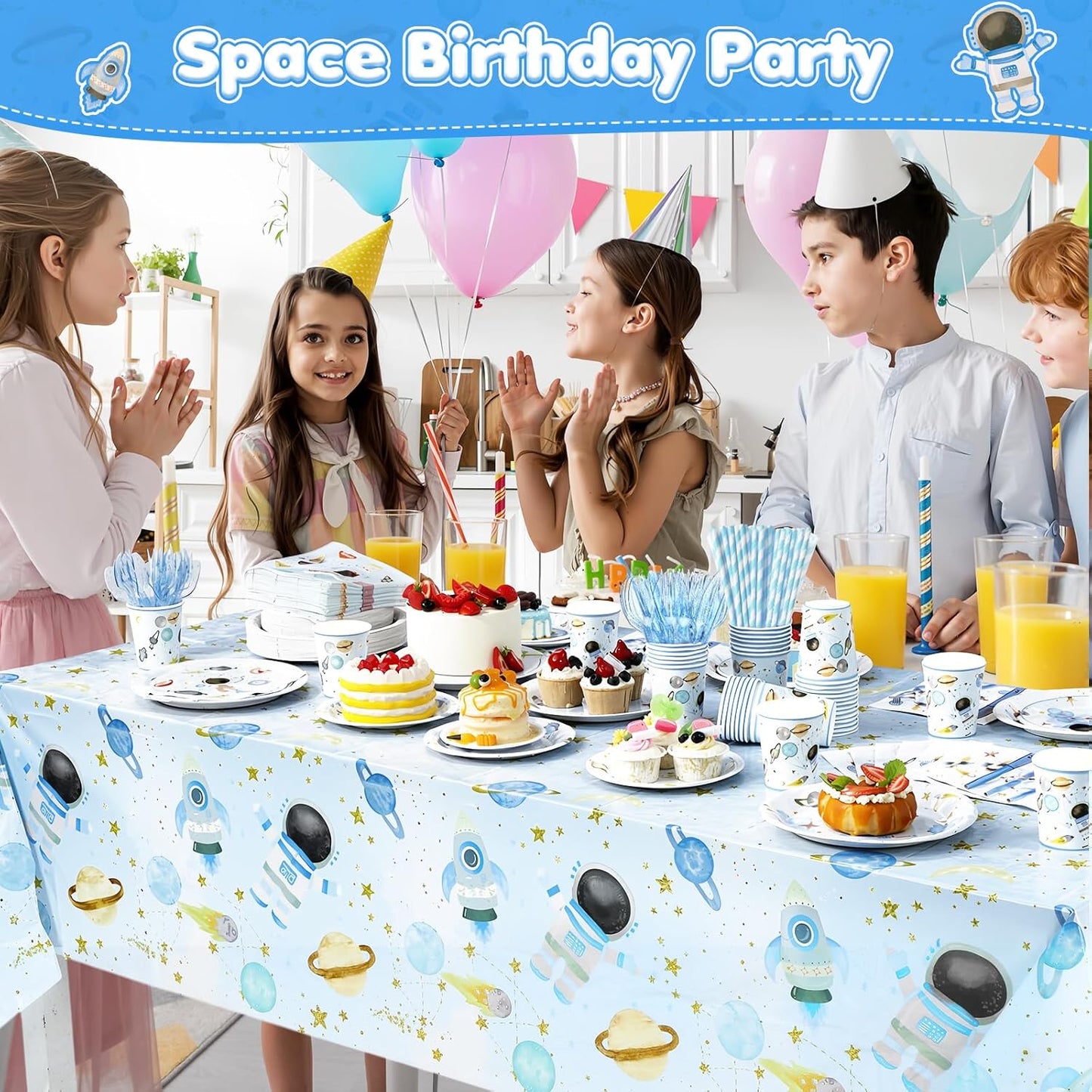 452 Pcs Space Themed Party Decorations for 50, Blue Space Astronaut Paper Plates Napkins Cups Tablecloth Cutlery Straws for First Trip Around The Sun Planet Birthday Baby Shower Party Supply
