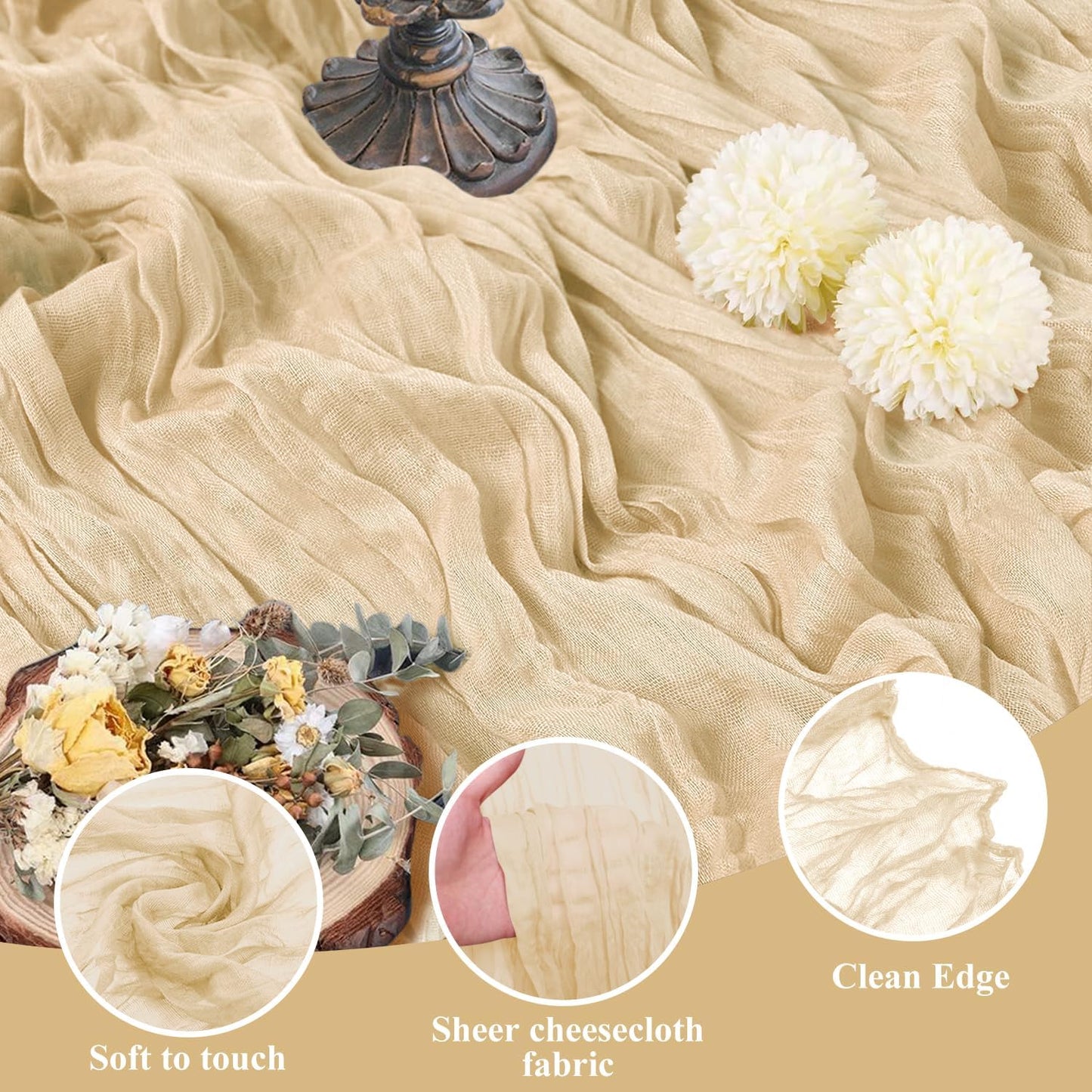 Asee'm 3pcs Cheesecloth Table Runner 120 Inches Long Sand Boho Gauze Cheese Cloth Runner 10FT Rustic Sheer Table Runners for Christmas Wedding Party Baby Shower Spring Easter Decoration