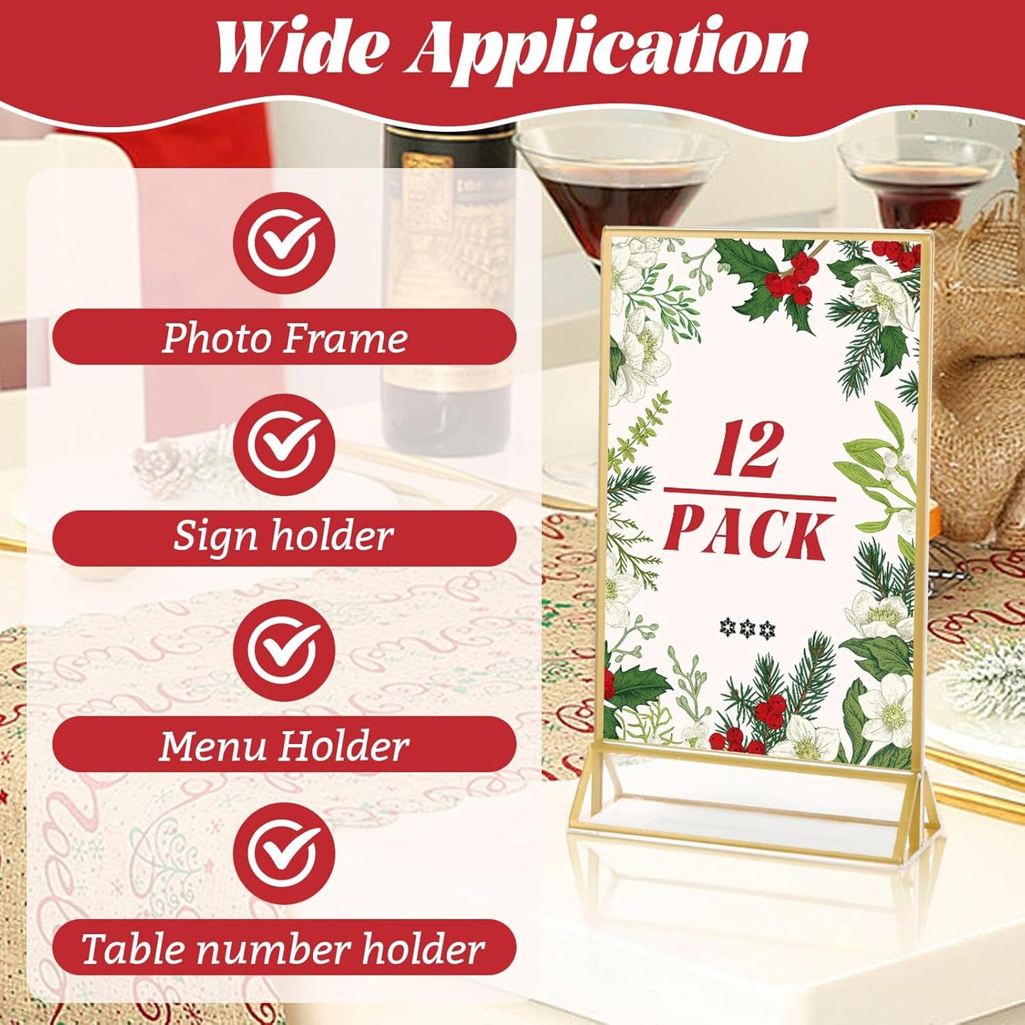 12 Pack Acrylic Sign Holder 4 x 6 Gold Picture Frames, Double Sided Flyer Display Holder Menu Holder, Acrylic Frames for Wedding Table Number