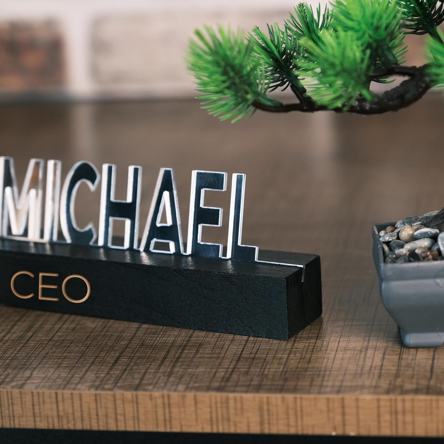 Personalized Silver Desk Name Plate – Custom Engraved Name Sign with Black Beech tree Base – Modern Office Name Tag Gift for Boss, Teacher, Coworker, or Professional – Handmade Desktop Decor