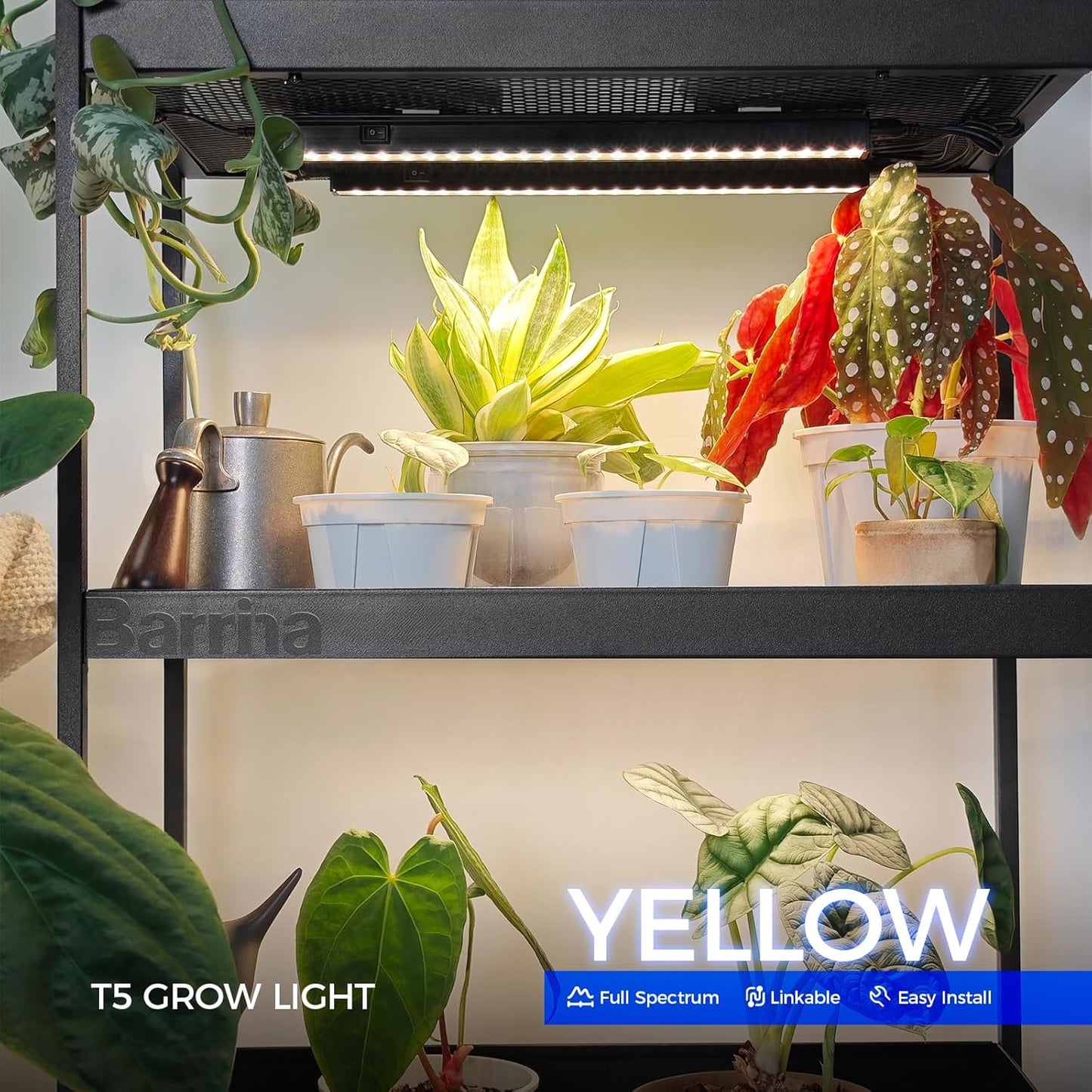 Barrina Grow Lights for Indoor Plants, Full Spectrum Sunlight, Black Cover LED Grow Light Bulbs, T5 Grow Light Strip, 1ft Plant Light for Indoor Plants Growing, 3 Mounting Modes, Yellow, 4 Packs