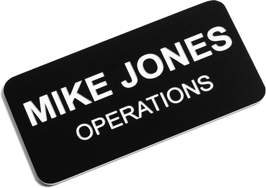 Custom Engraved Name Tag Badges – Personalized Identification with Pin or Magnetic Backing, 1.5 Inches x 3 Inches, Black/White