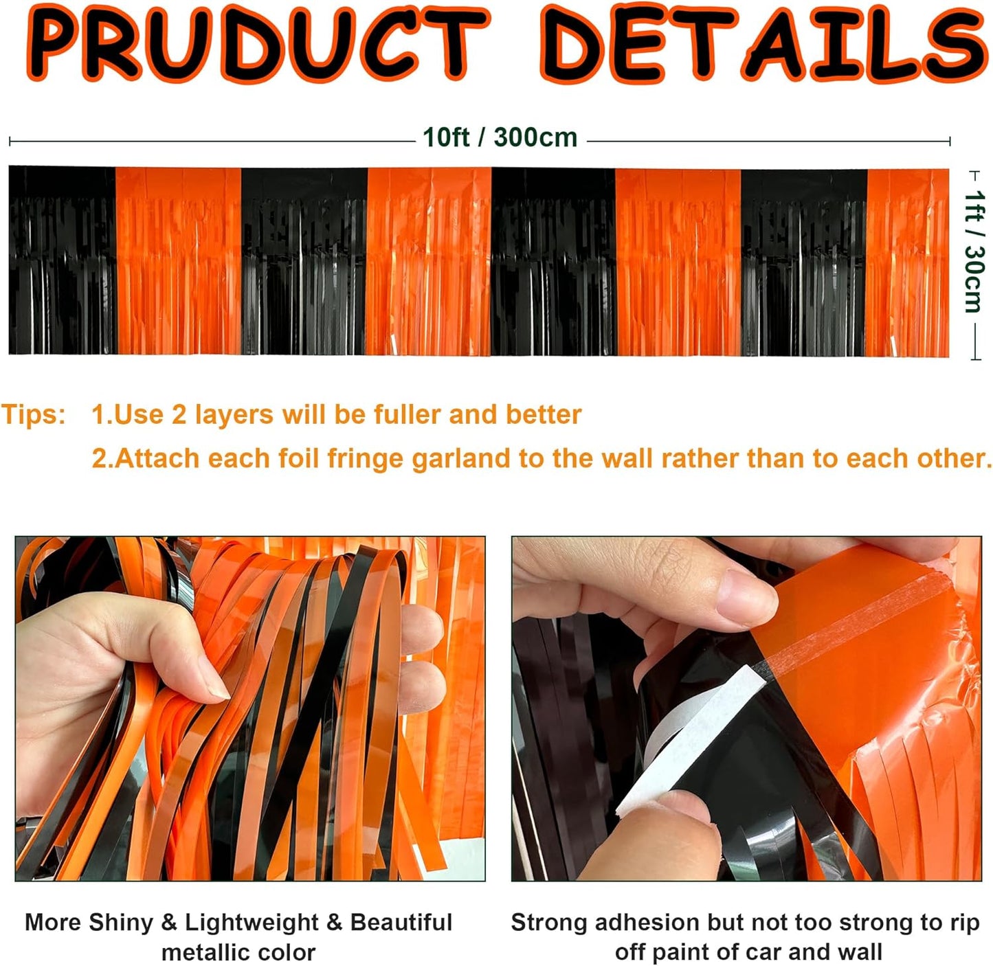 4 Pack 10 Feet Black Orange Halloween Parade Float Decorations for Trailer Car, Foil Fringe Tinsel Streamers Banner Garland for Halloween Graduation Homecoming Party Decoration (Black Orange)