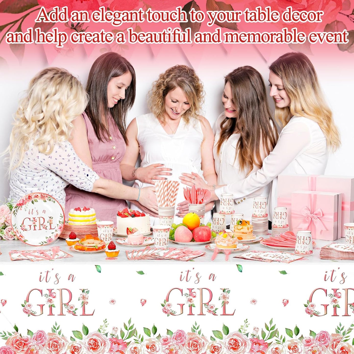 452 Pcs Pink Floral Baby Shower Party Supplies Include It's a Girl Baby Shower Paper Plates Cups Napkins Tablecloth Cutlery Straws for Pink Flower Girl Gender Reveal Birthday Party