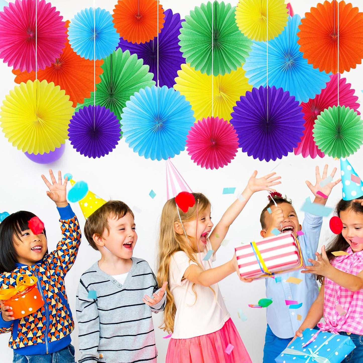 MotiMind 24 Pcs Rainbow Paper Fans Rainbow Party Decorations Classroom Decor Wall Background Ceiling Hanging Decoration for Birthday Wedding Baby Bridal Shower Engagement Party Decor