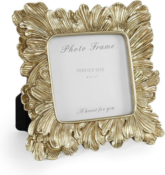 Cuspin Gold Picture Frames 4x4, Vintage Gold Resin Photo Frame Palm Leaves Textured with Glass Front, Elegant Retro Square Frame for Wall and Tabletop Display Home Decor