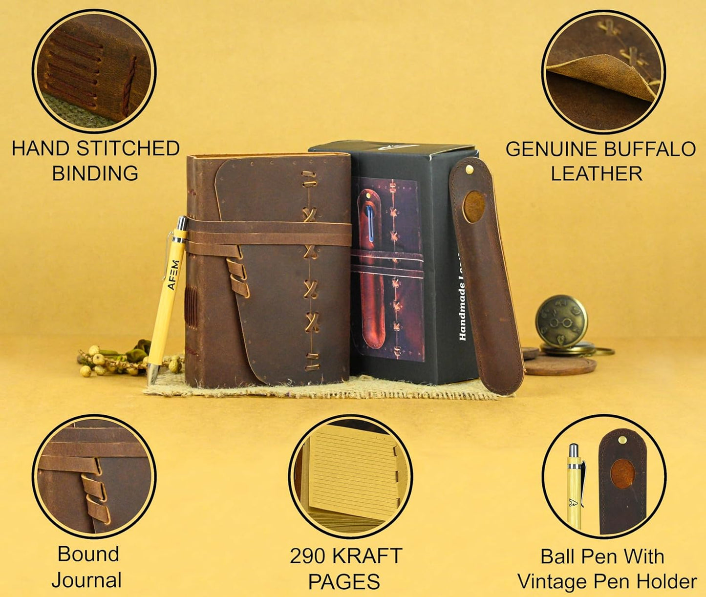 Leather Journal Notebook for Men & Women Daily Vintage Leather Bound Journal Travel Notebook 290 Lined Paper Diary Writing Journal Travelers Scrapbook Poetry Sketchbook Leather Gifts with Pen Holder