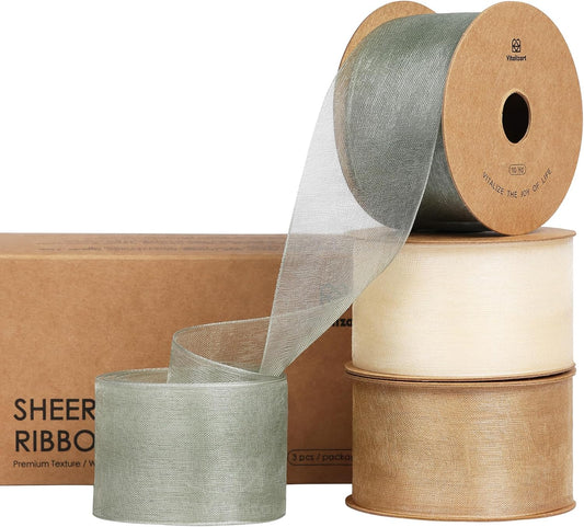 Vitalizart Organza Ribbon 1.5" x 30 Yd Cream White Rose Gold & Dusty Green Sheer Ribbons for Gift Wrapping Crafts Christmas Party Decor Bows Wedding Invitations Wreaths Bouquet
