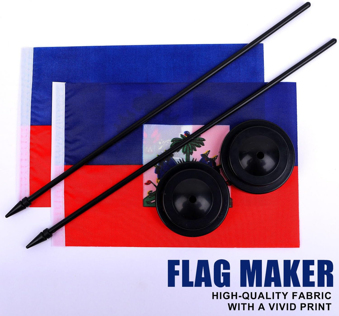 Haiti Desk Flag 12" Solid Pole Deluxe Set Haitians Flags Banner Mini Small Haiti Office Table Flags with Black Stand Base Desktop Decorations(2Pack)
