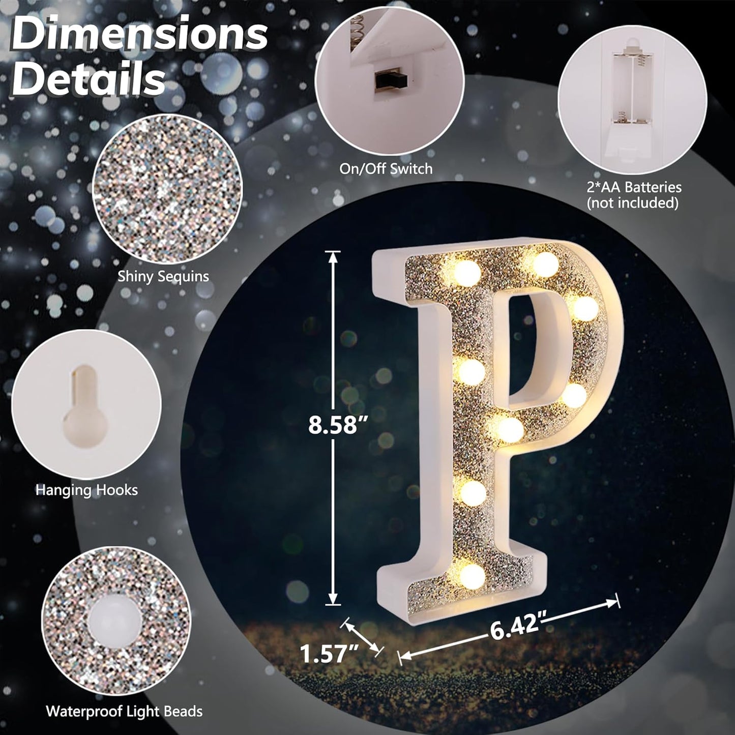 Marquee Light Up Letters, Glitter Silver LED Letter Lights Battery Powered Alphabet Letter Sign for Night Light Wedding Birthday Party Cafe Bar Decoration Girls Room Decor - P