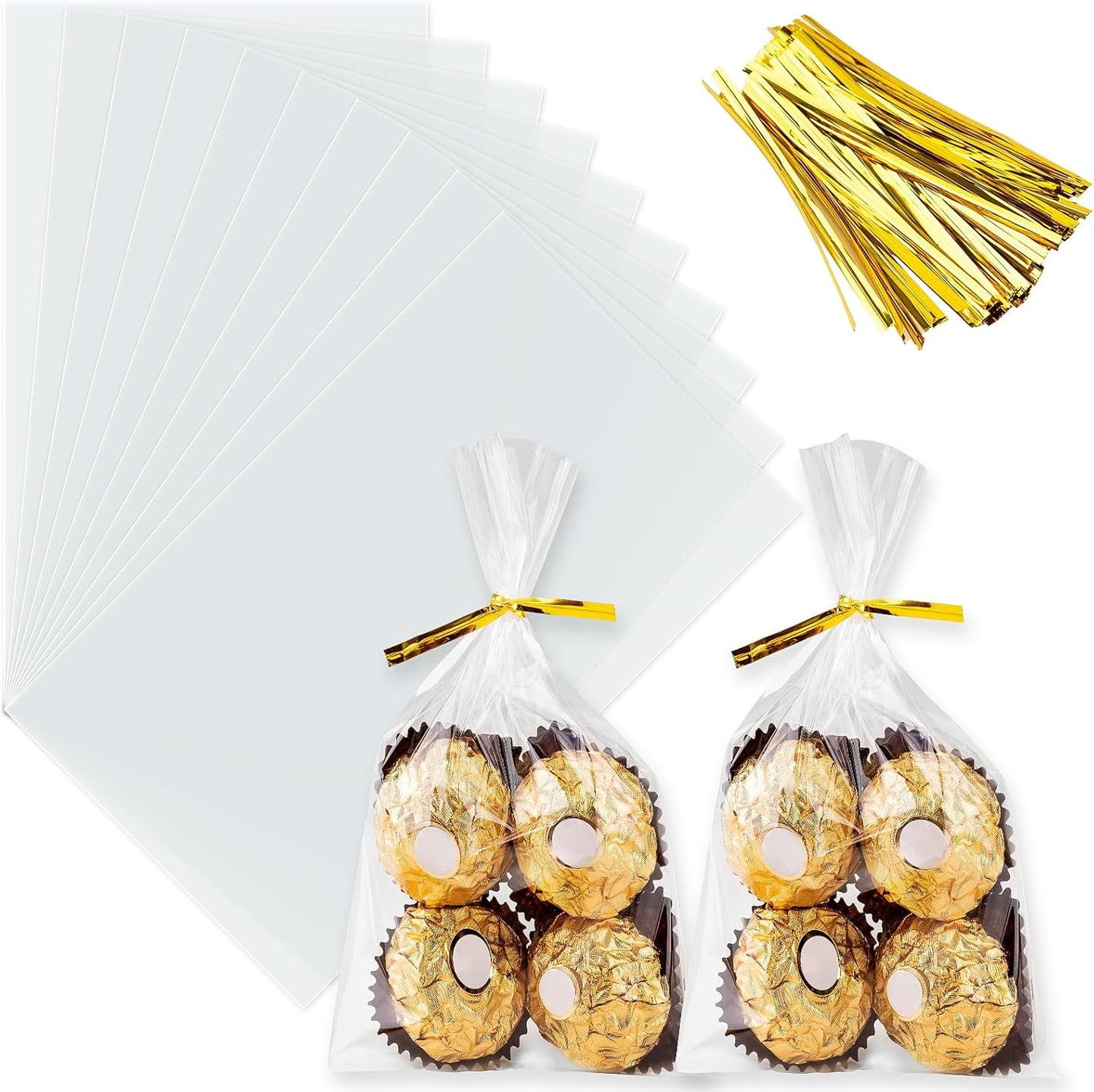 ZHEWTOEN 100 Pcs 5x7 Inch Cellophane Bags with Color Twist Ties, Clear Plastic Goodie Cello Treat Candy Bags for Cookies, Popcorn, Small Gift Wrapping, Party Favors, Bakery Packaging