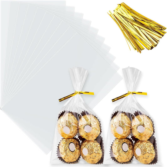 ZHEWTOEN 100 Pcs 5x7 Inch Cellophane Bags with Color Twist Ties, Clear Plastic Goodie Cello Treat Candy Bags for Cookies, Popcorn, Small Gift Wrapping, Party Favors, Bakery Packaging