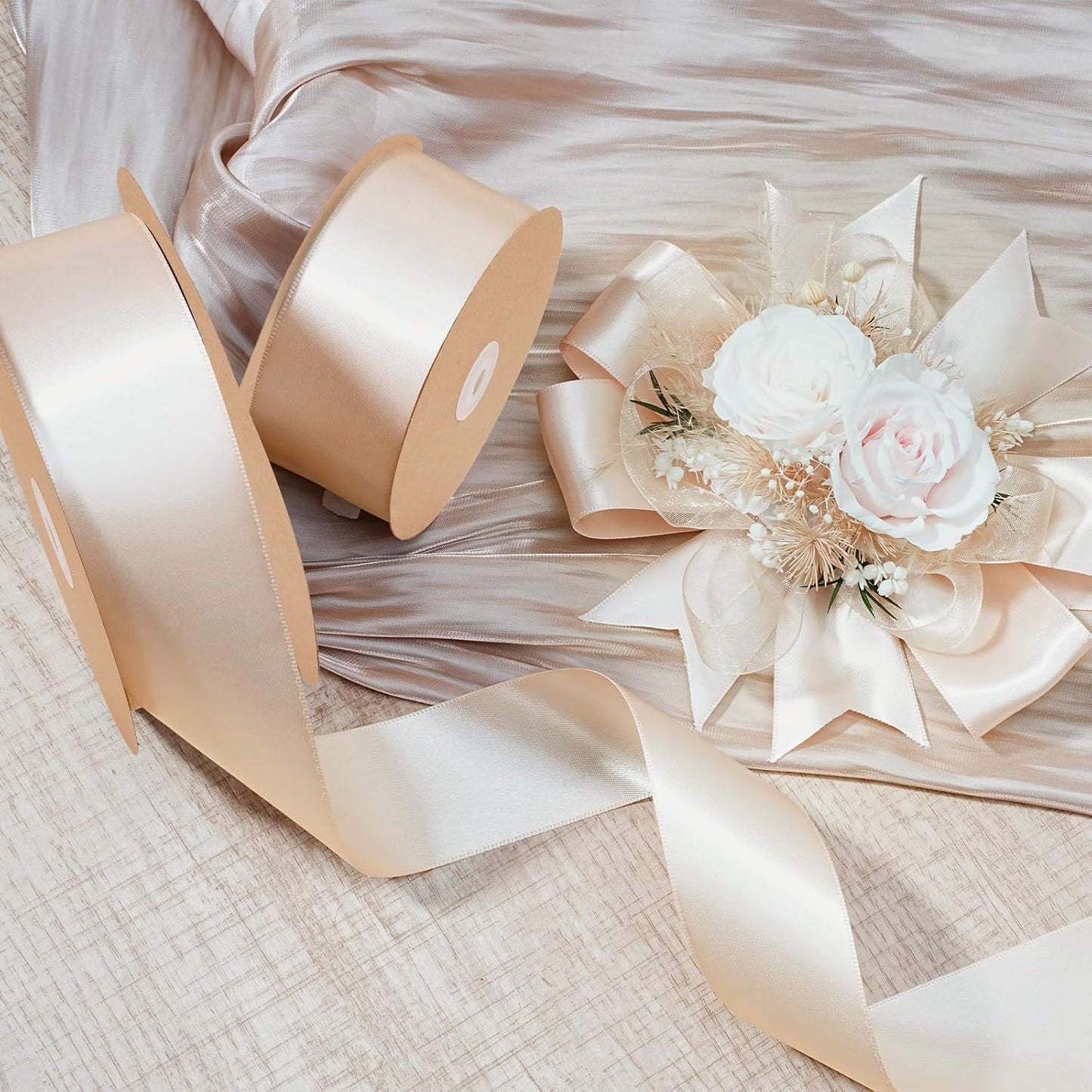 LaRibbons Nude Satin Ribbon 1 1/2 Inch 25 Yards Luxury Double Faced Silk Ribbon for Flower Bouquet Crafts Gift Wrapping Wedding Party Decoration