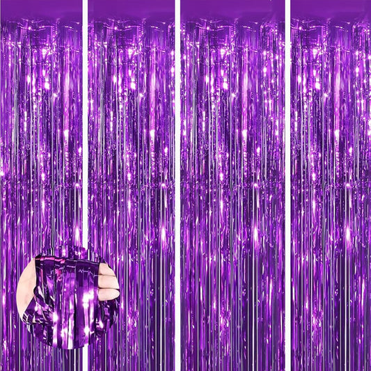 Keyali 4 Pack 3.3 * 8.3 ft Foil Curtain Metallic Tinsel Fringe Curtains Photo Booth Props Backdrop for Birthday Wedding Engagement Baby Shower Christmas Holiday Celebration Partyl,Purple