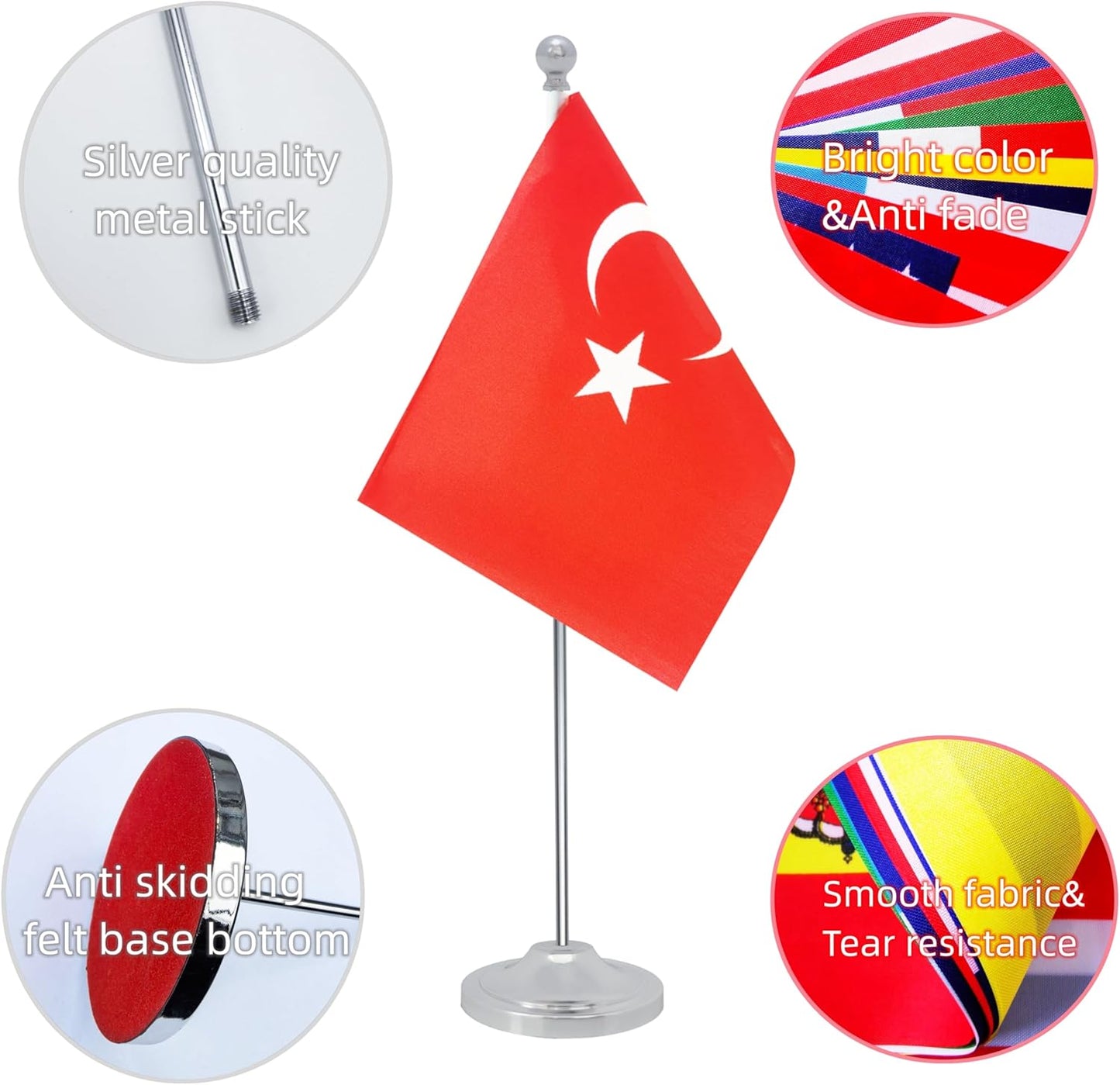Turkey Desk Flag, Turkish Table Office Flag with Metal Pole and Stand Base, International Country Flags, Festival Event Celebration, Classroom Meeting Desktop Decor (Turkey)