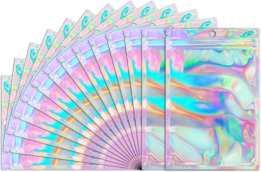 Funfery 100 Pack Smell Proof Holographic Bags Clear Resealable Bags,Mylar Foil Bag with Zipper,Sealing Pouch Packaging Bag for Food Storage,Candy,Party Favor Sample Business Supplies(4.7x7in)