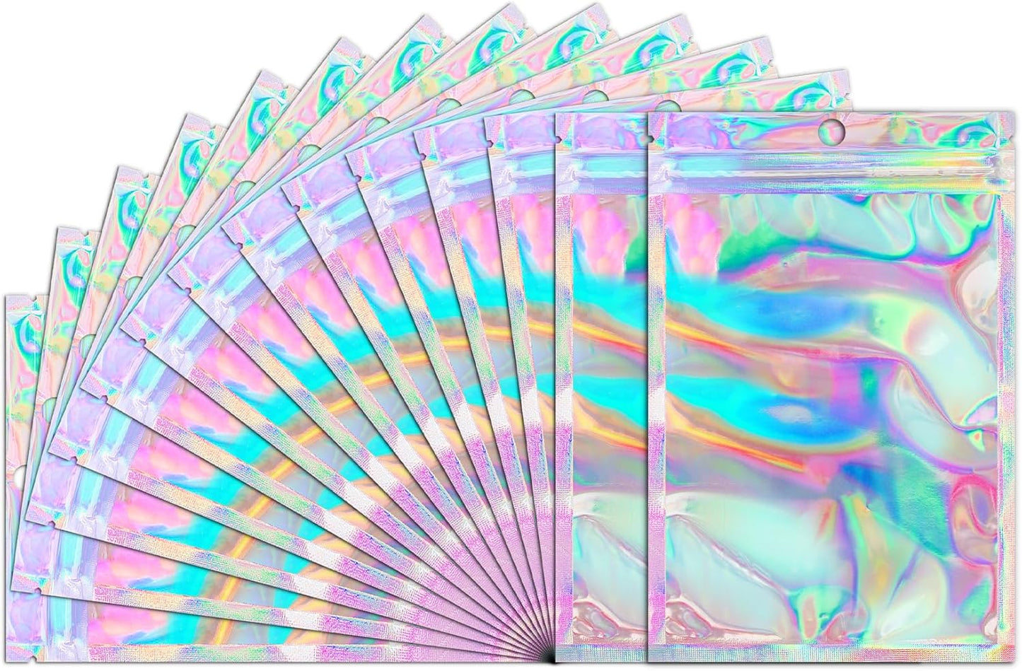Funfery 100 pcs Mylar Holographic Bags Clear Resealable Baggies,Foil Baggy with Zipper,Seal Pouch Smell Proof Packaging Bags for Food Storage,Candy,Party Favor Sample Business Supplies(5.5x7.9in)