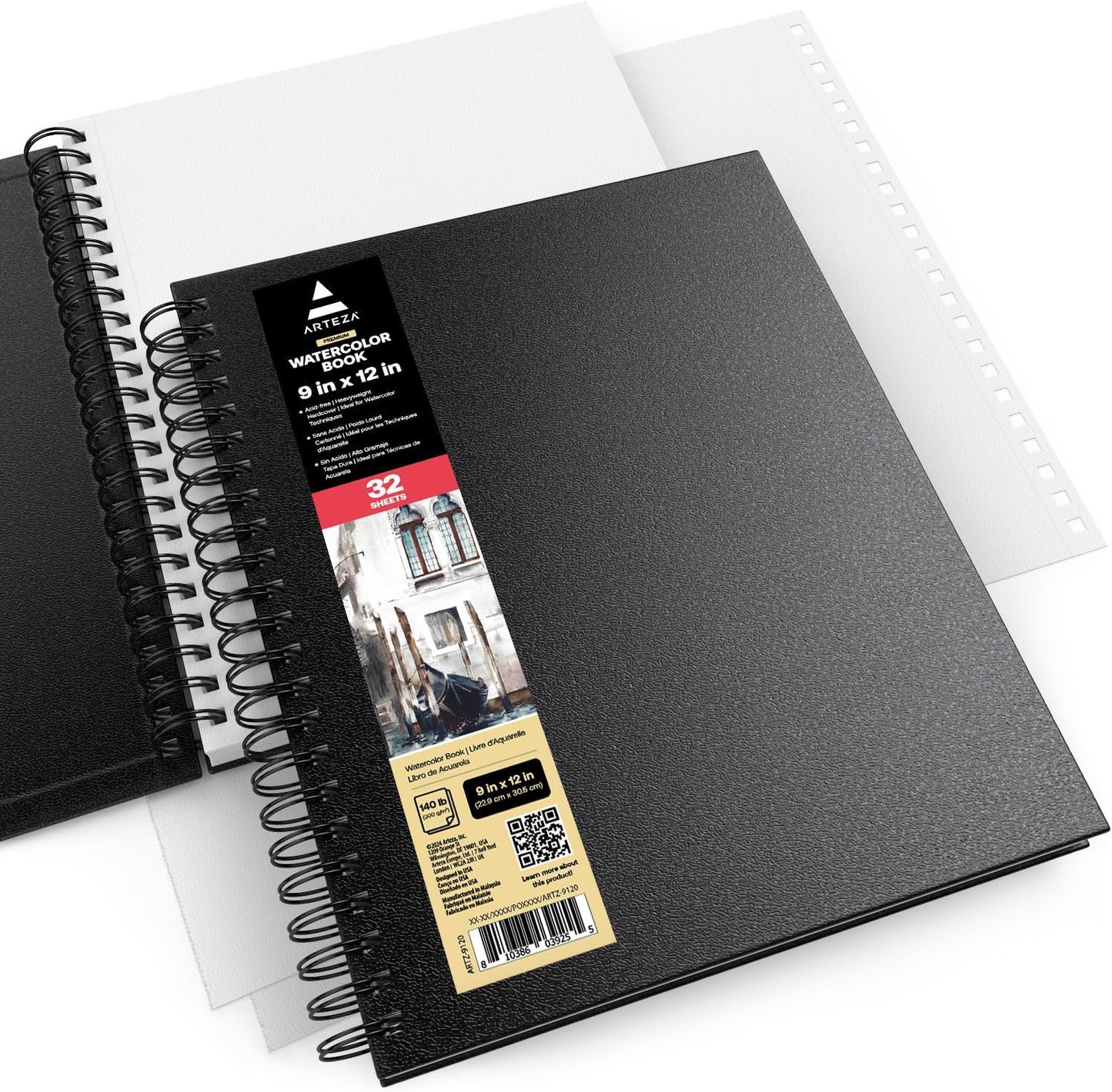 ARTEZA Watercolor Sketchbook 2-Pack, 64 Pages Each, 9x12 Inches – Spiral-Bound, 140 lb Cold Press Paper, Black Hardcover for Watercolor & Mixed Media